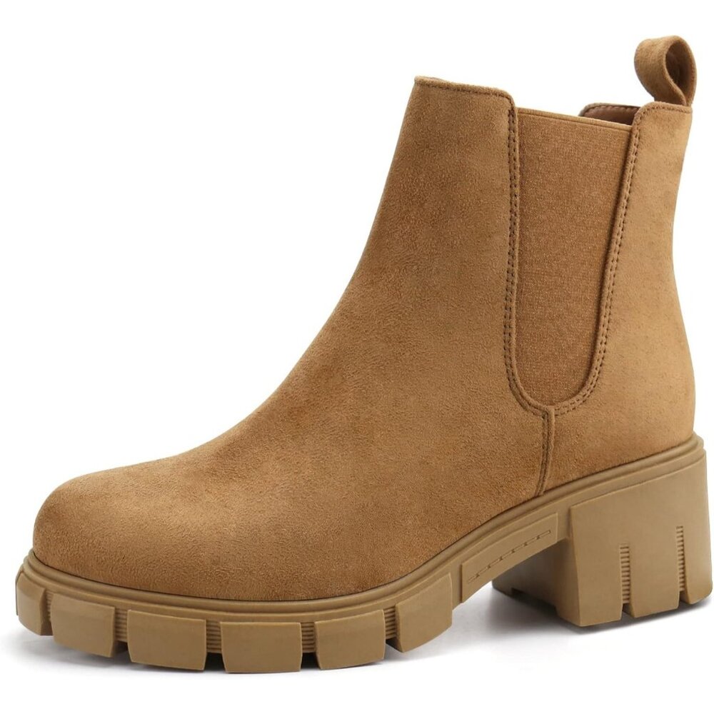 Women Lt.Brown Suede Double Elastic Slip On Mid Heel Platform Ankle Booties
